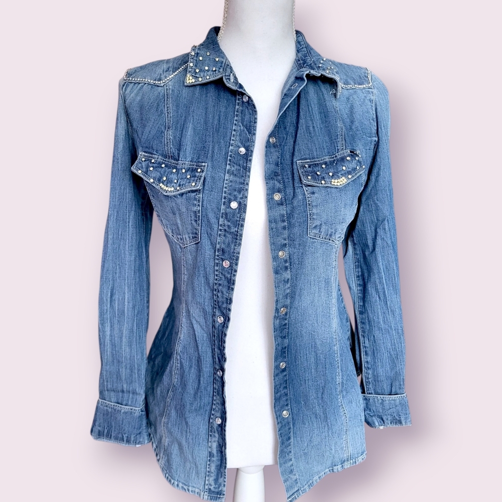 Denim Rhinestone Studded Women's Button Down Jacket - Picture 2 of 8